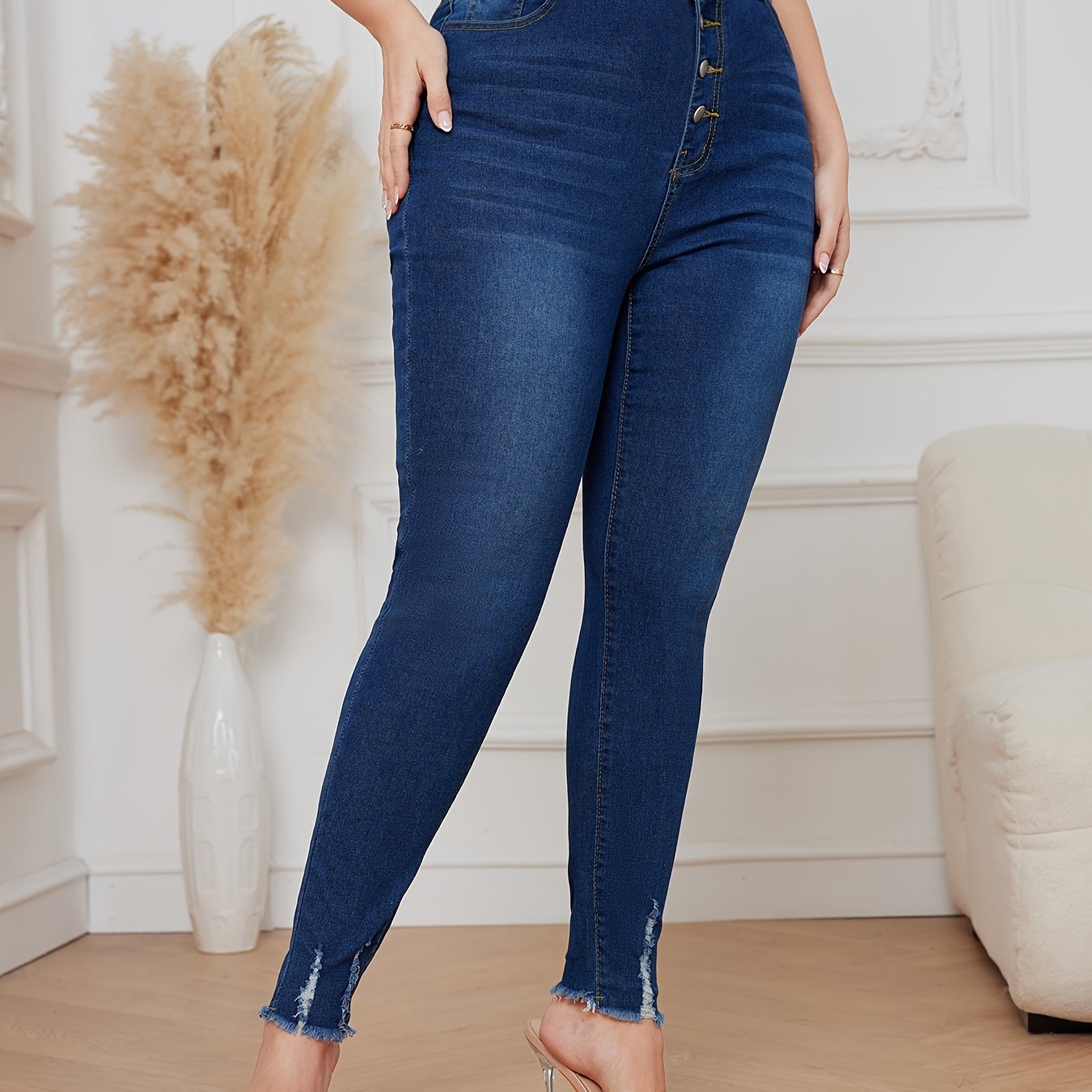 Solid Ripped High Rise Skinny Jeans