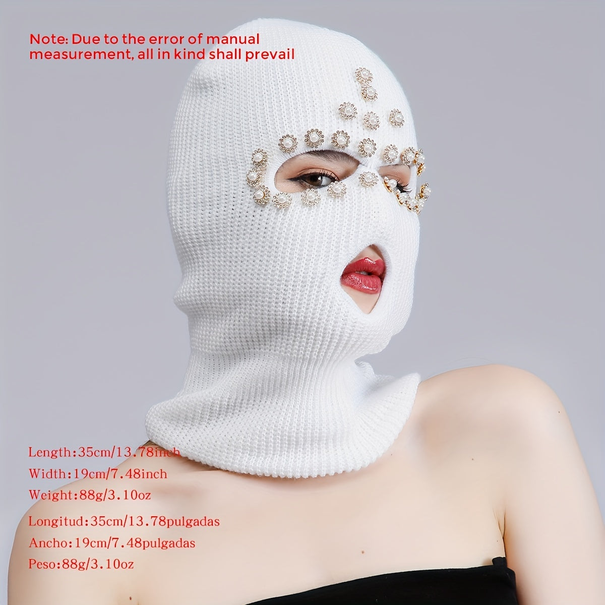Faux Pearl Rhinestone Balaclava Hip Hop Ski Mask Y2K Knit Hat Neck Gaiter