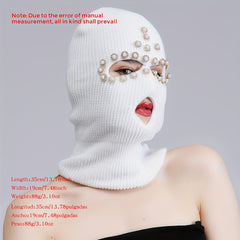 Faux Pearl Rhinestone Balaclava Hip Hop Ski Mask Y2K Knit Hat Neck Gaiter