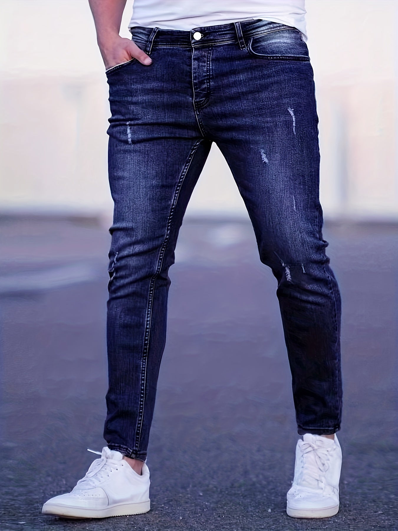Slim Fit Moustache Effect Jeans Men's Casual Street Style