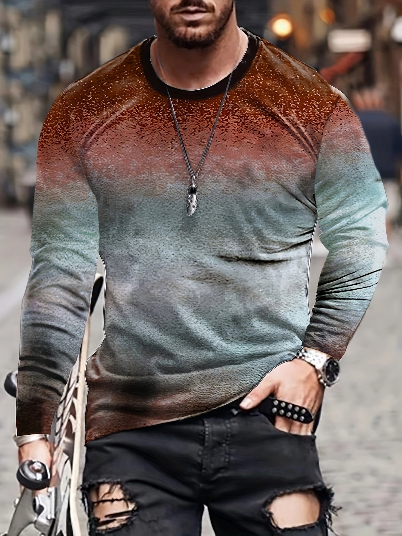 Gradient Men's Long Sleeve Vintage Novelty T-shirt For Autumn
