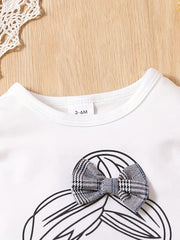 2pcs Baby Girls Graphic Print Ruffle Sleeve T-shirt & Plaid Bow Shorts Set