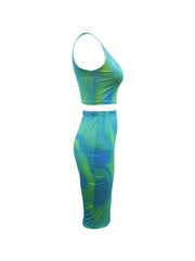 Sexy Tie Dye Two Piece Skirt Set Crop Tank Top & Bodycon Skirt Outfits