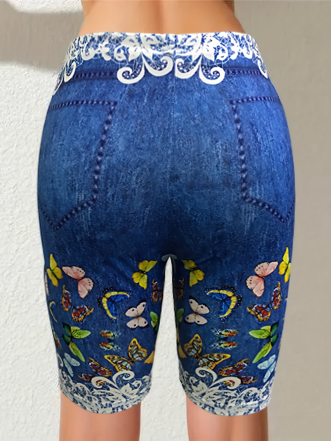 Butterfly Denim Print Skinny Leggings for Spring & Summer Women