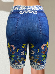Butterfly Denim Print Skinny Leggings for Spring & Summer Women