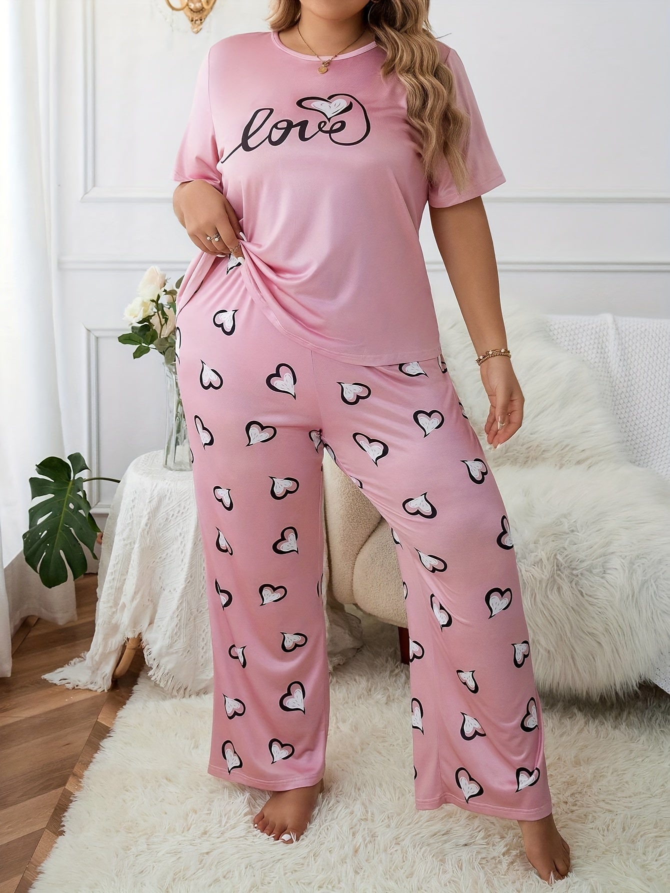 Heart Letter Graphic Pajama Set Round Neck Tee & Loose Pants 2 Piece