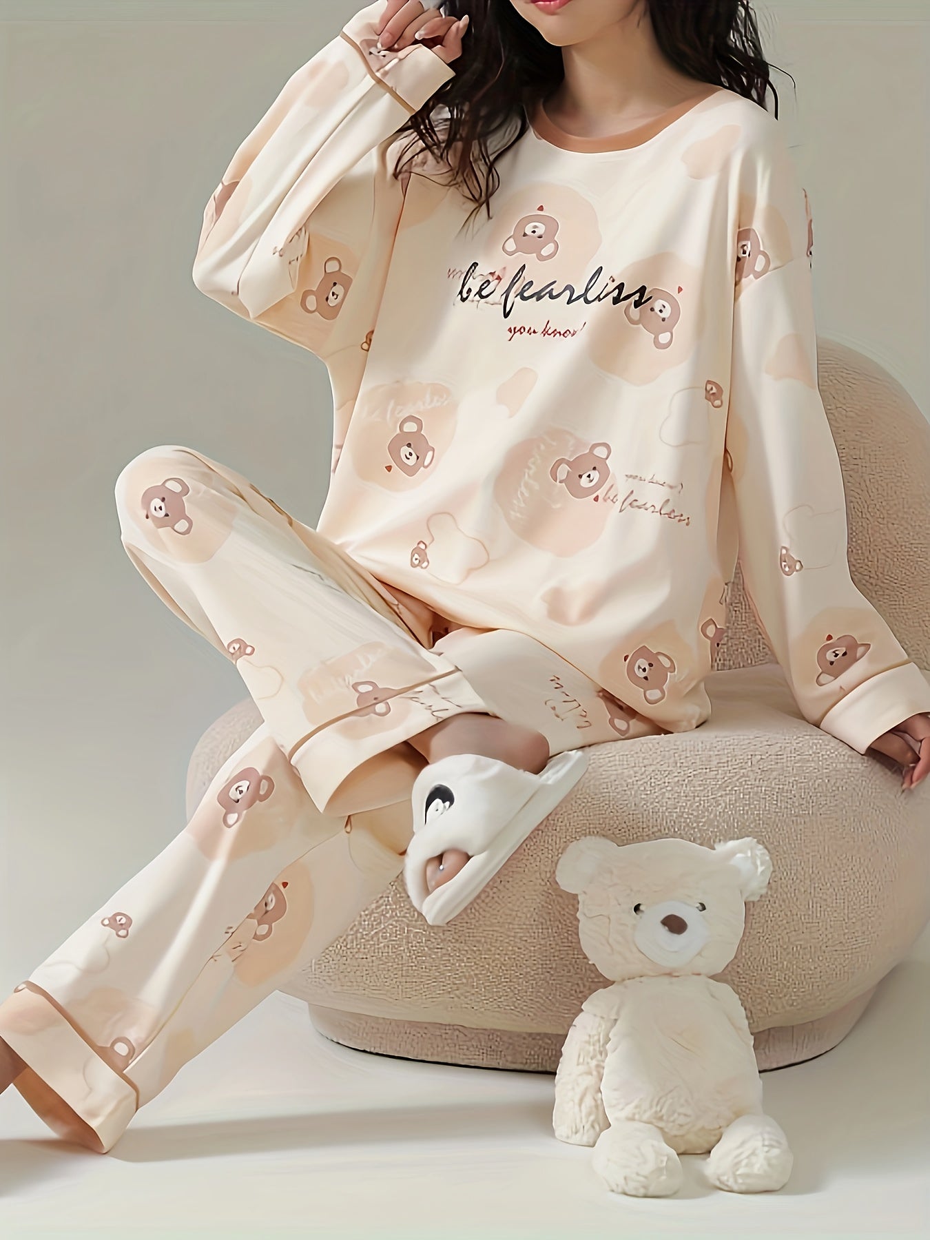 Bear Print Pajama Set Long Sleeve Crew Neck Top & Pant