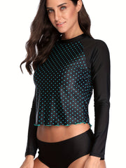 Polka Dot Print Crop Long Sleeve Sunsuit for Diving