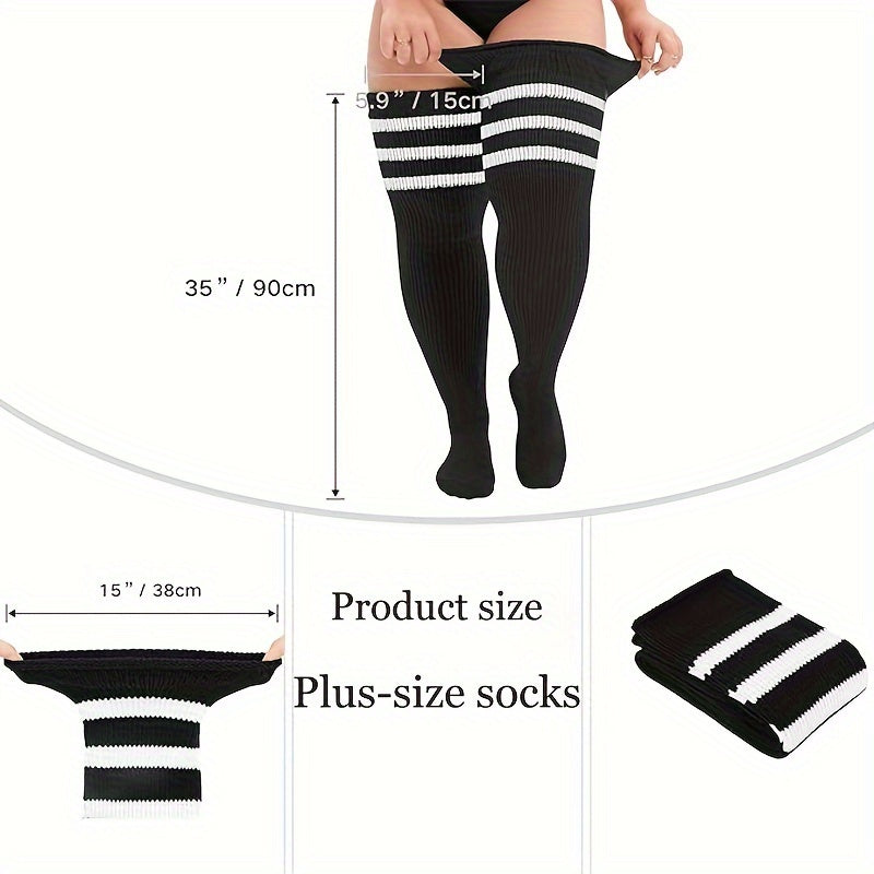 Sporty Thigh High Socks Women's Plus Solid & Striped Anti slip