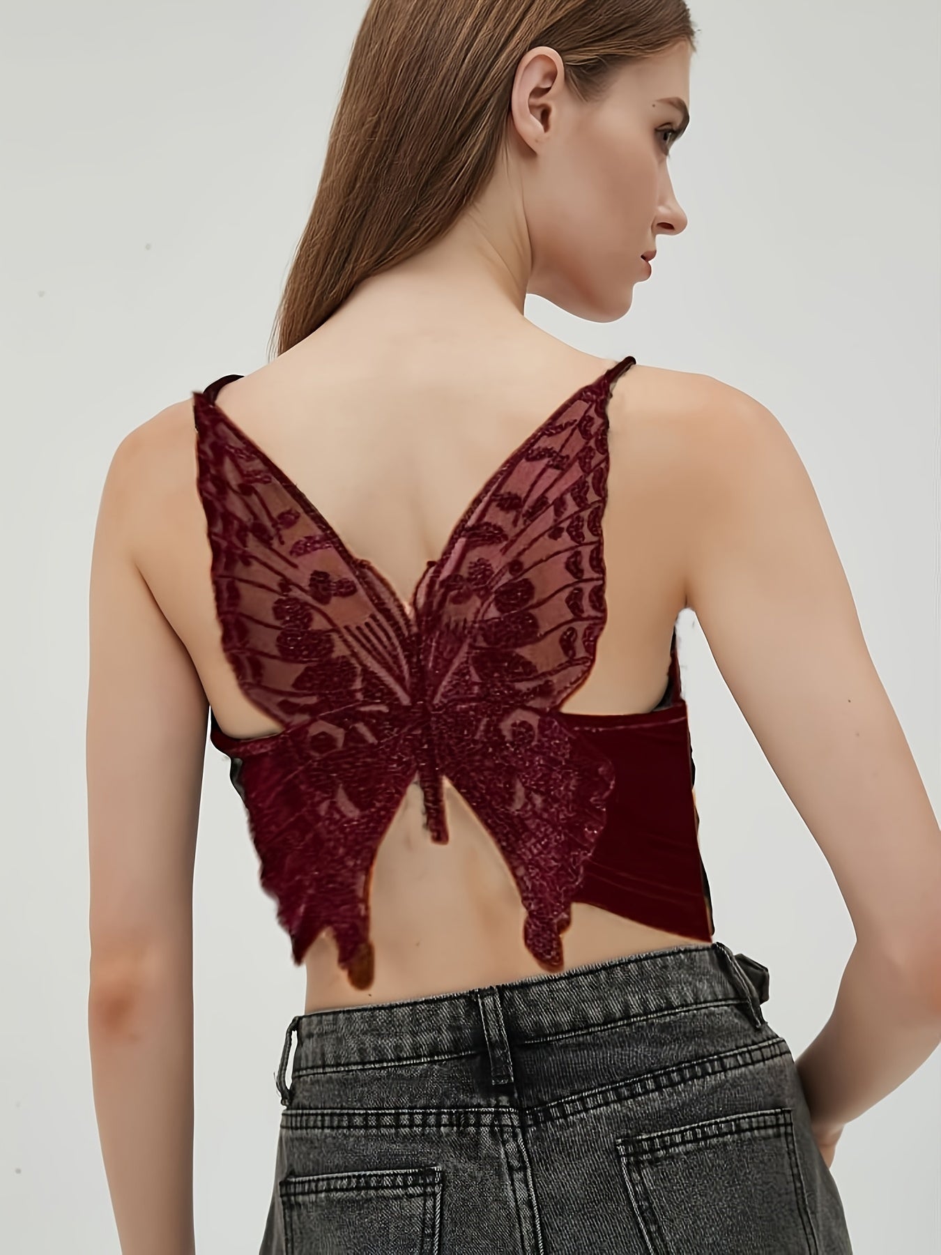 Butterfly Embroidered Cami Top Sleeveless V Neck Summer Top
