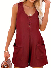Solid Button Front Jumpsuit Crew Neck Sleeveless With Pockets