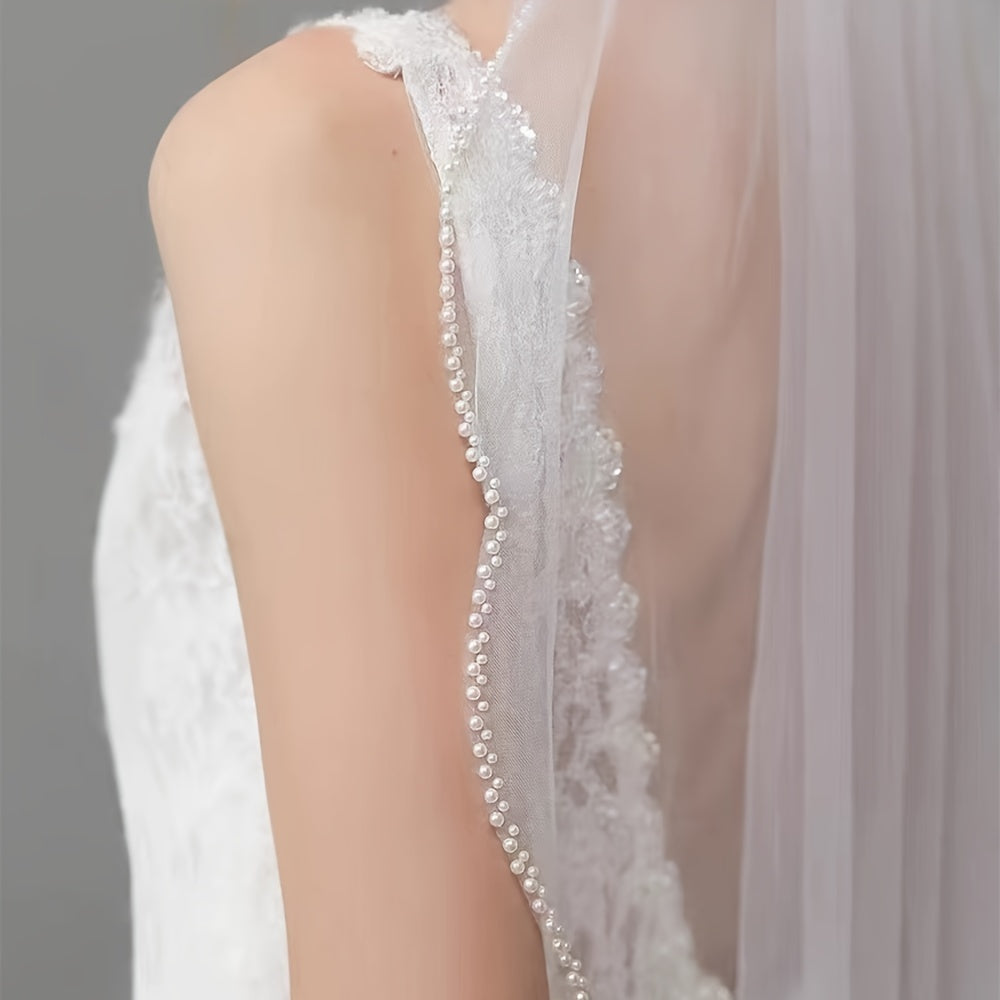 Hand Beaded Bridal Veil with Pearls Wedding Veil Fingertip Length