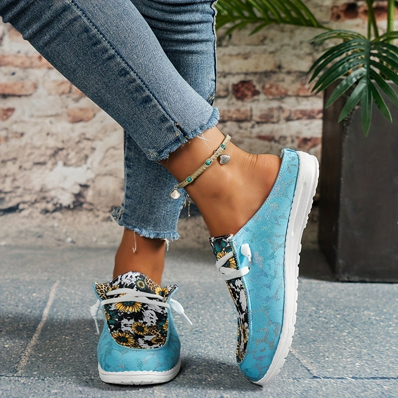 Women's Sunflower Print Canvas Shoes Lace Up Mule Sneakers
