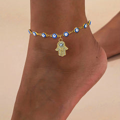 Hand Shape Pendant Chain Anklet with Mini Devil's Eye Beads Copper Foot Ornament