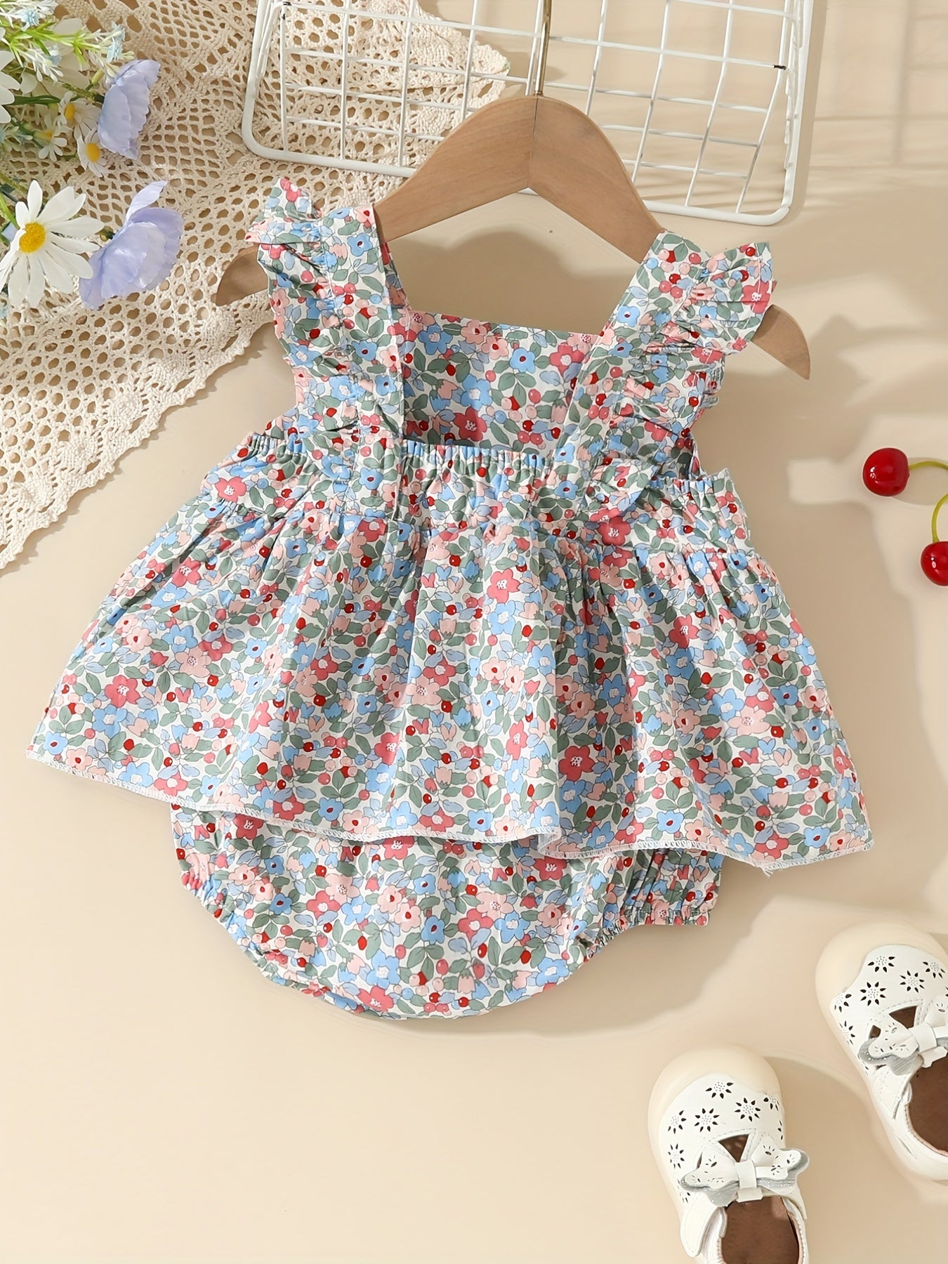 Baby Girls Floral Print Ruffle Sleeve Onesie Dress