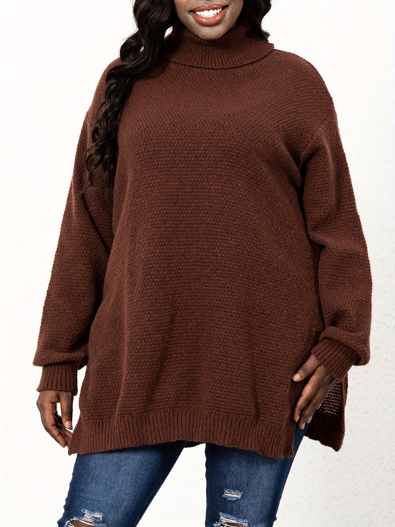 Turtle Neck Knit Side Slit Sweater Women's Plus Solid High Stretch