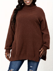 Turtle Neck Knit Side Slit Sweater Women's Plus Solid High Stretch