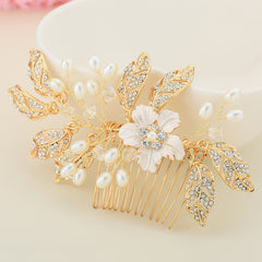 Flower & Leaf Charm Rhinestone Hair Comb Pearl Decor Wedding Headwear