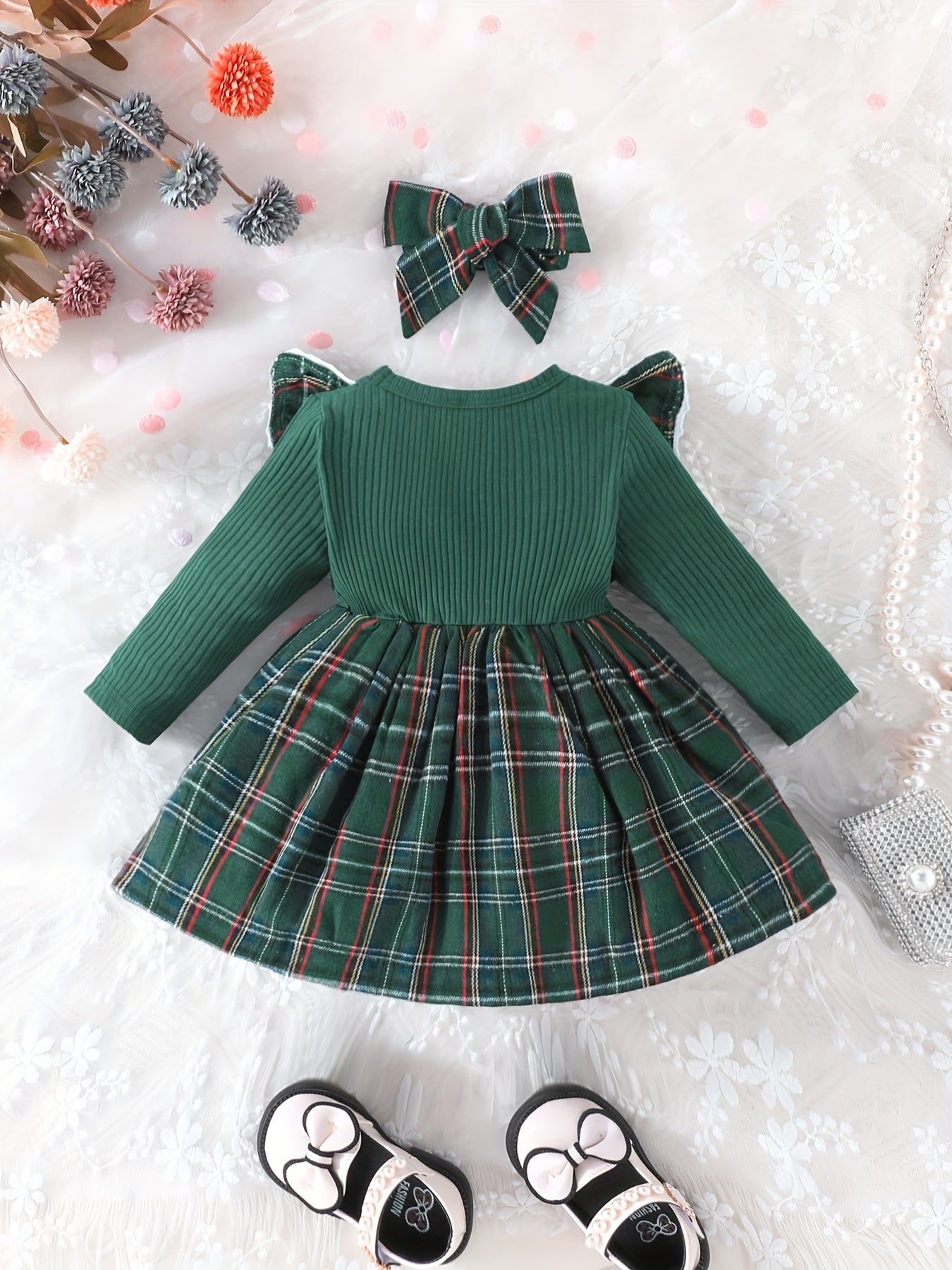 Baby Girl Ruffle Trim Plaid Dress Headband Set