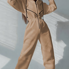 Drawstring Hooded Jumpsuit Long Slipper Zippered Pocket Sports Catsuit