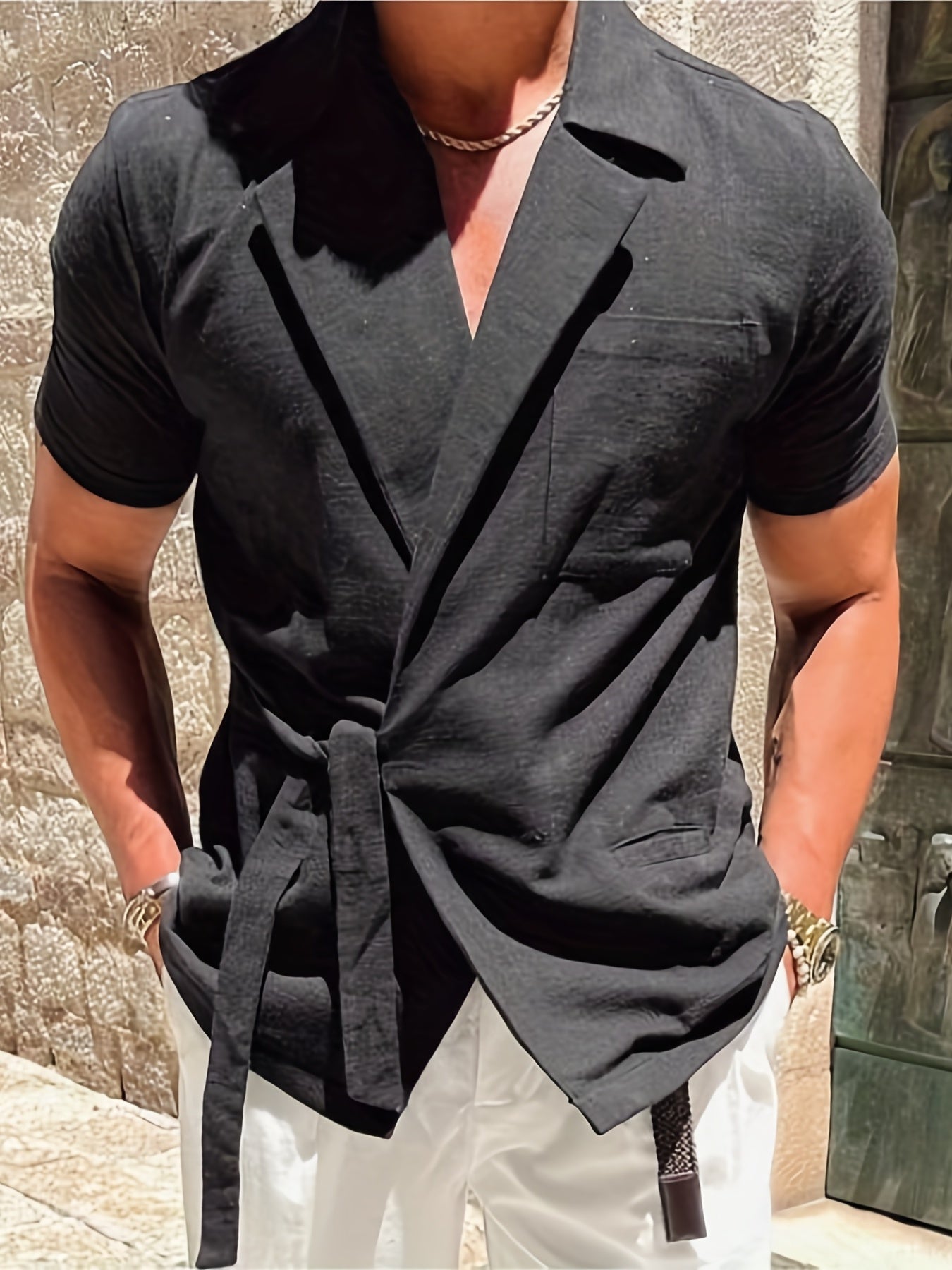 Men's Casual Cotton Shirt Lace Up Lapel Short Sleeve for Summer