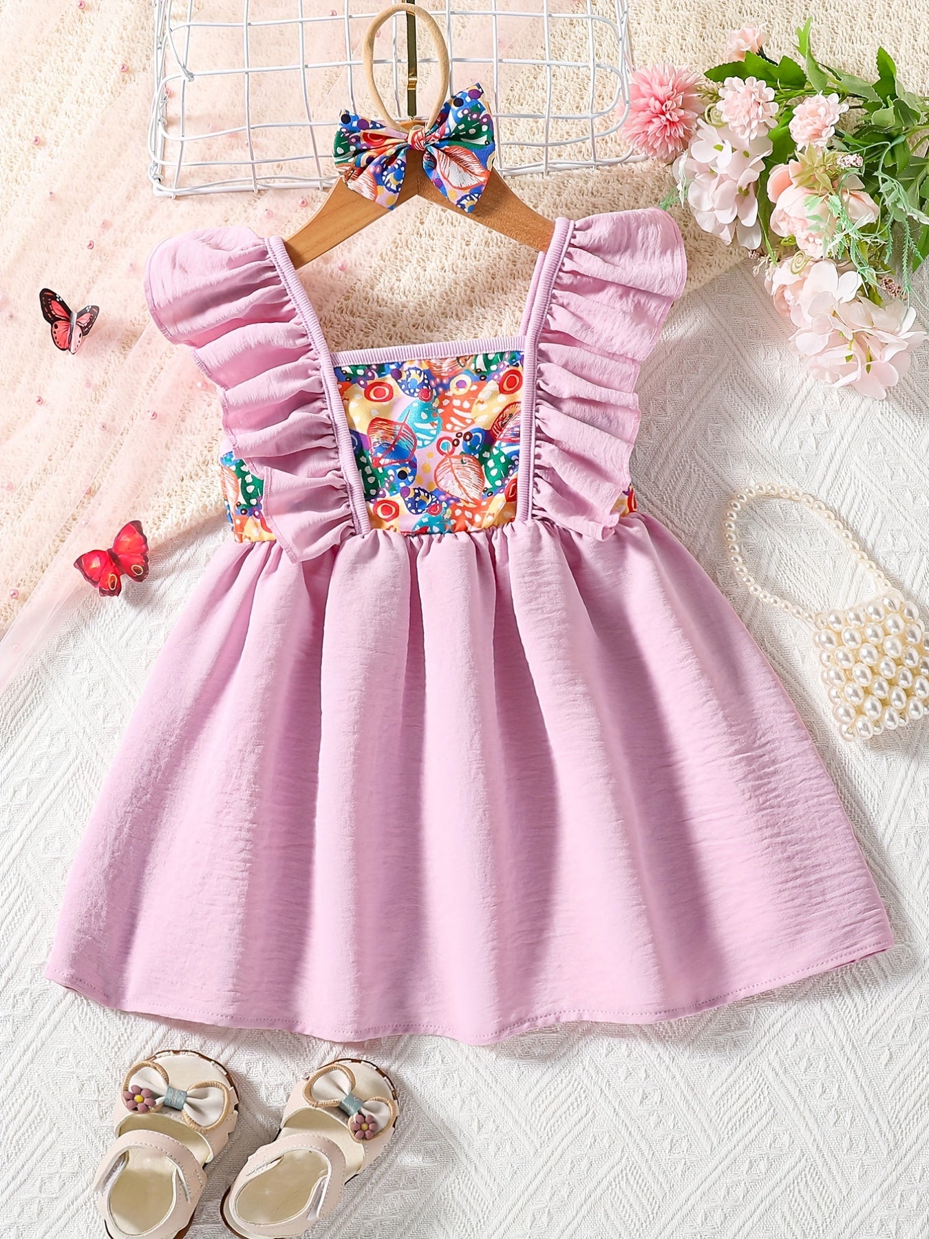 Baby Girl's Cartoon Graphic Flutter Pleated Dress