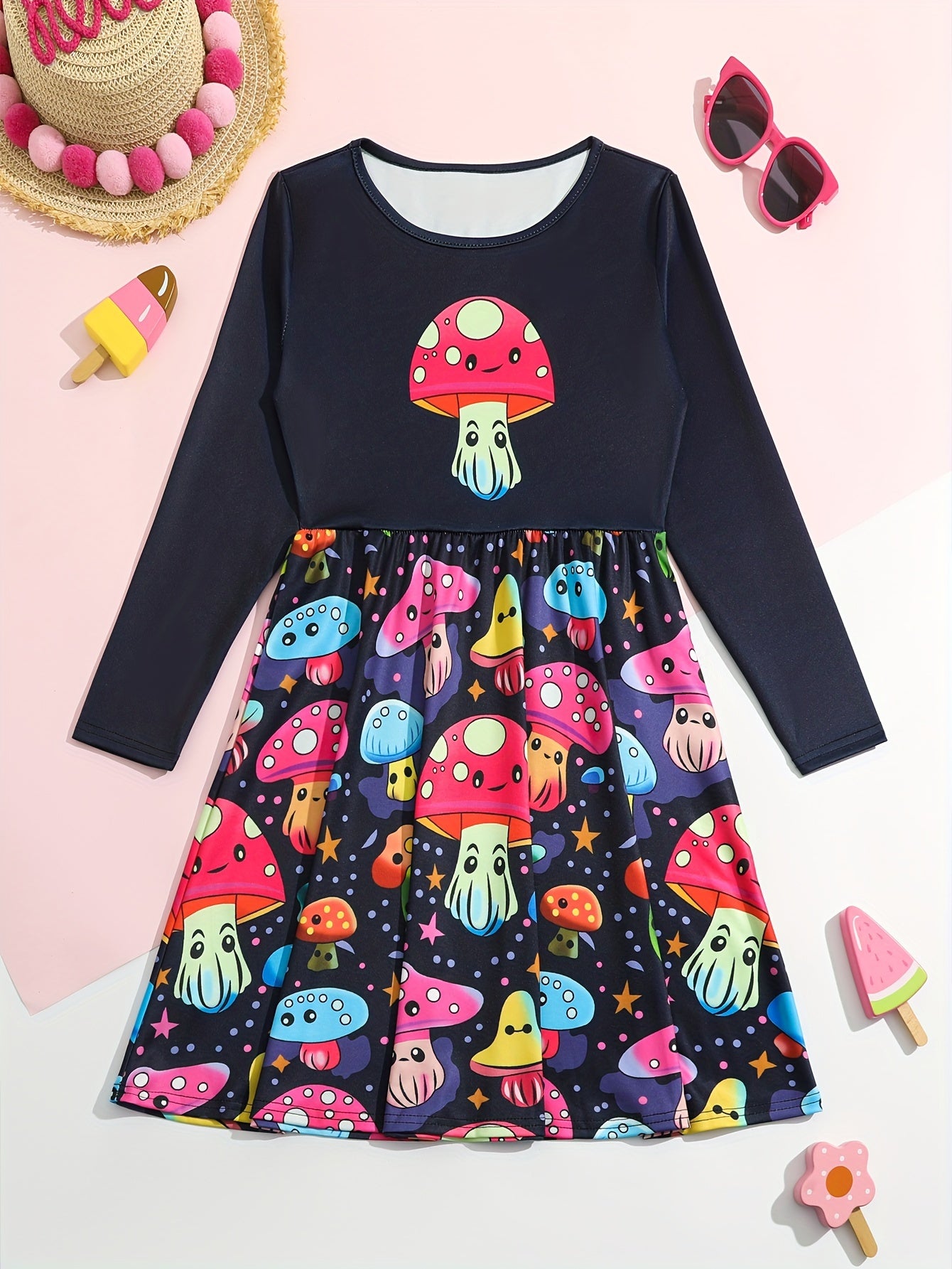 Girls Mushroom Graphic Long Sleeve Dress Spring Fall Party Gift