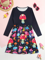 Girls Mushroom Graphic Long Sleeve Dress Spring Fall Party Gift