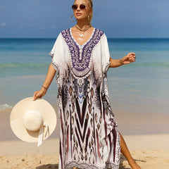 Boho Cover Up Women's Plus Tropical Print Bat Sleeve V Neck