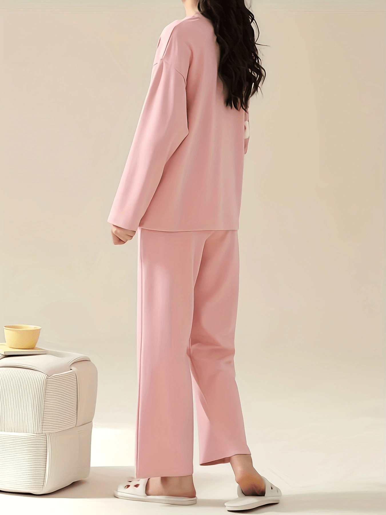 Bunny Print Pajama Set Long Sleeve Top & Pants Women's Sleepwear