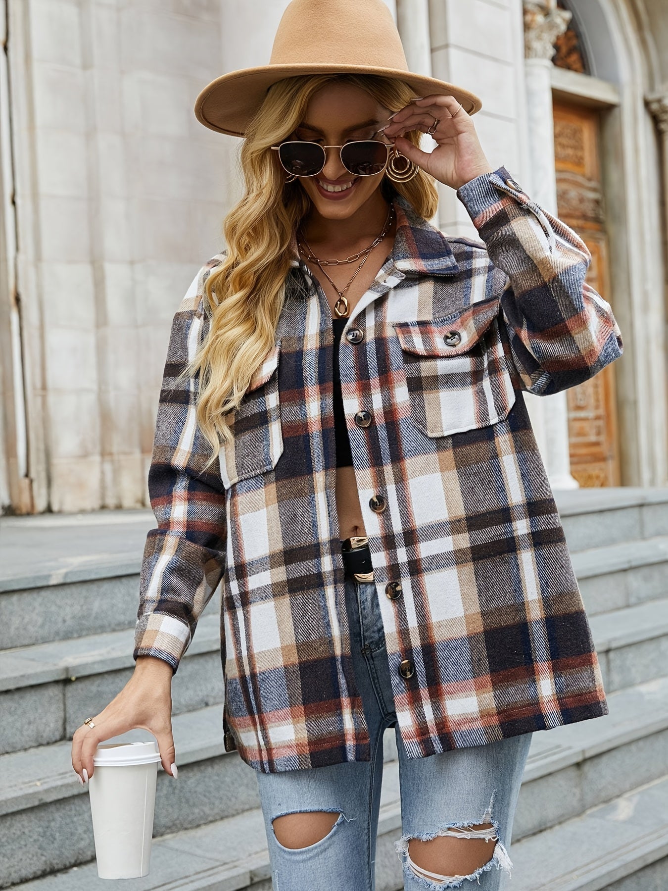 Plaid Print Polo Collar Shirt Casual Long Sleeve Shirt