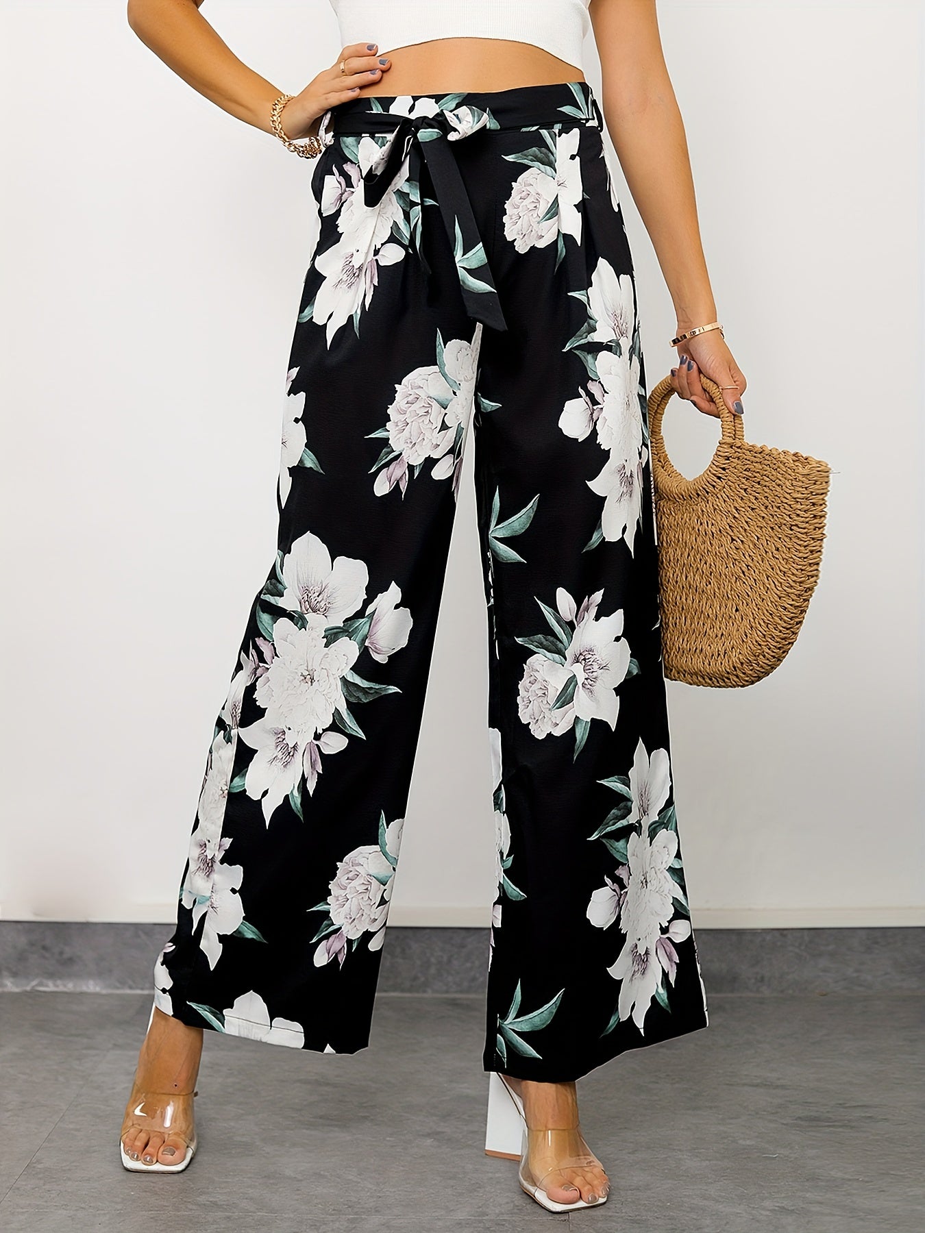 Floral Print Wide Leg Pants with Tie Waist