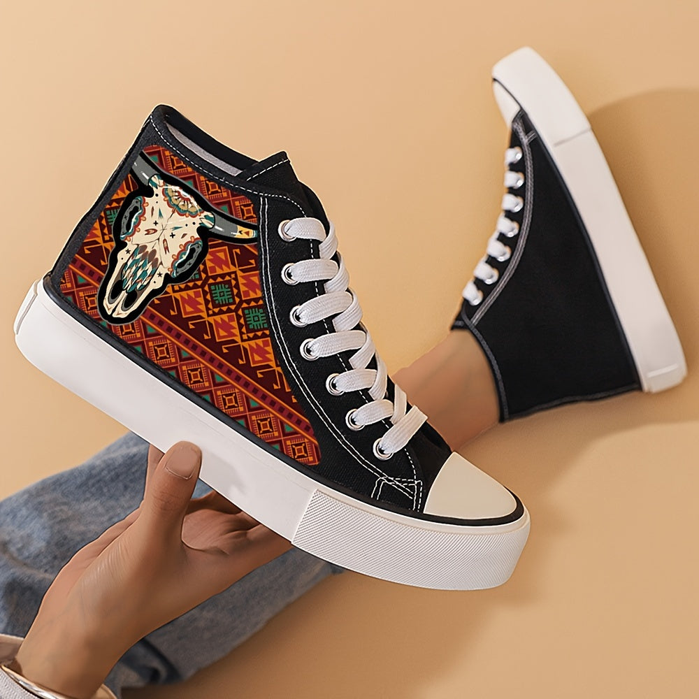Cow Print Chunky Canvas Sneakers Lace Up High Top Skate Shoes