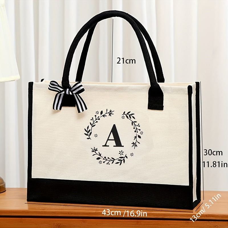 Letter Plant Print Tote Bag Large Capacity Shopping Bag