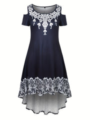 Women's Plus Floral Print Cold Shoulder Round Neck Dress