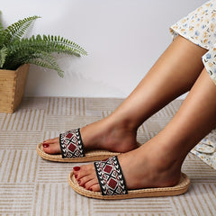 Women's Linen Slides Geometric Pattern Open Toe Shoes