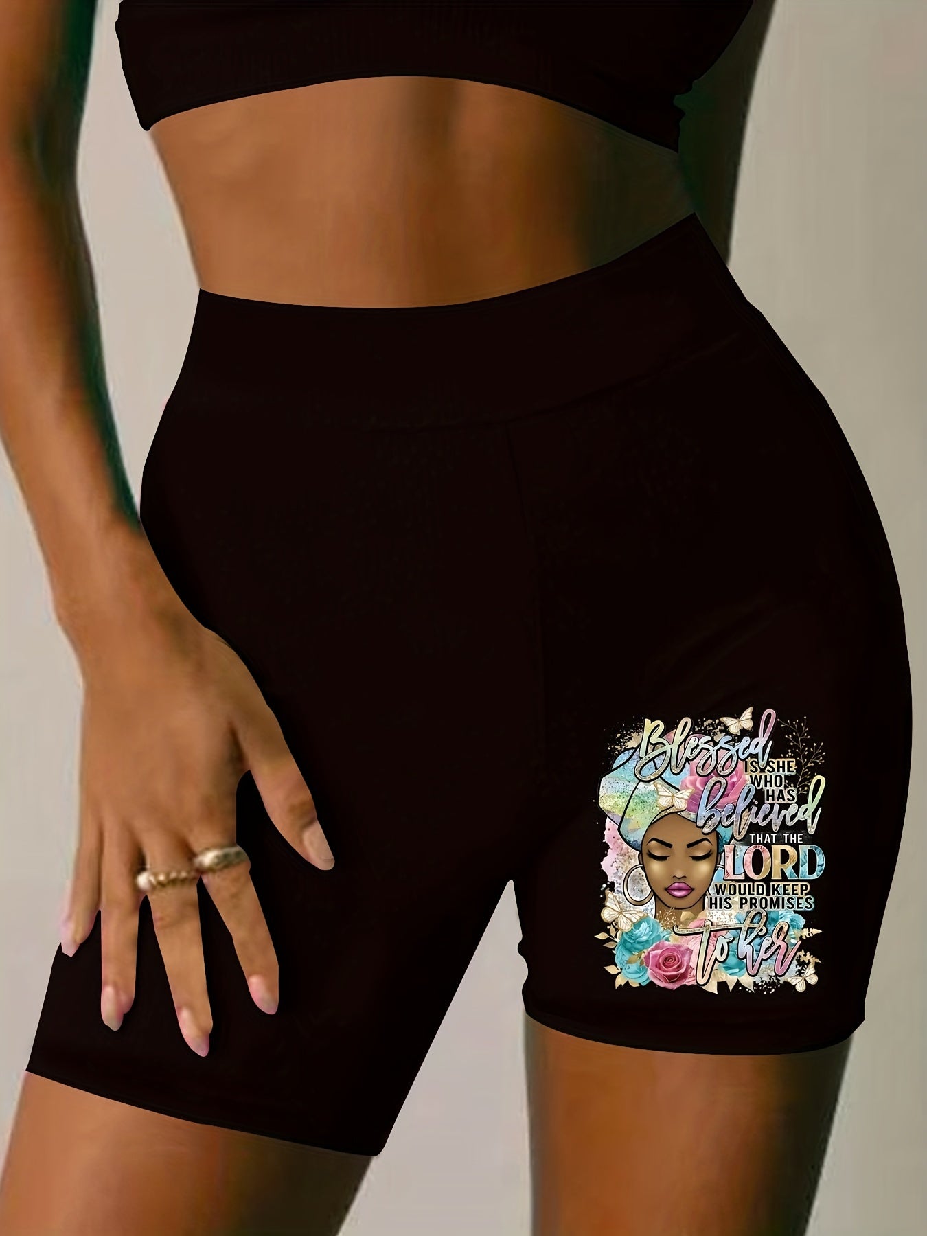 Casual Shorts Women's Plus Figure & Letter Print High Rise Biker Short