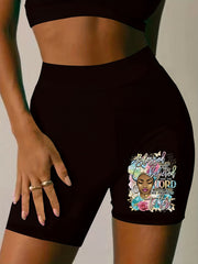 Casual Shorts Women's Plus Figure & Letter Print High Rise Biker Short
