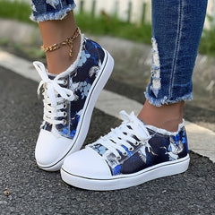 Women's Art Printed Canvas Lace Up Flat Sneakers