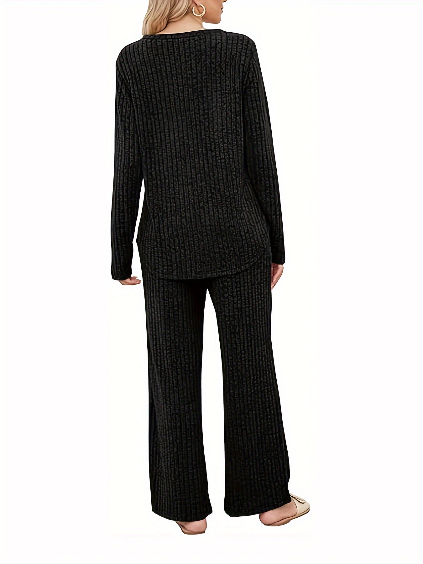 Ribbed Knit Top & Pants Outfit Set Long Sleeve Round Neck Pocket