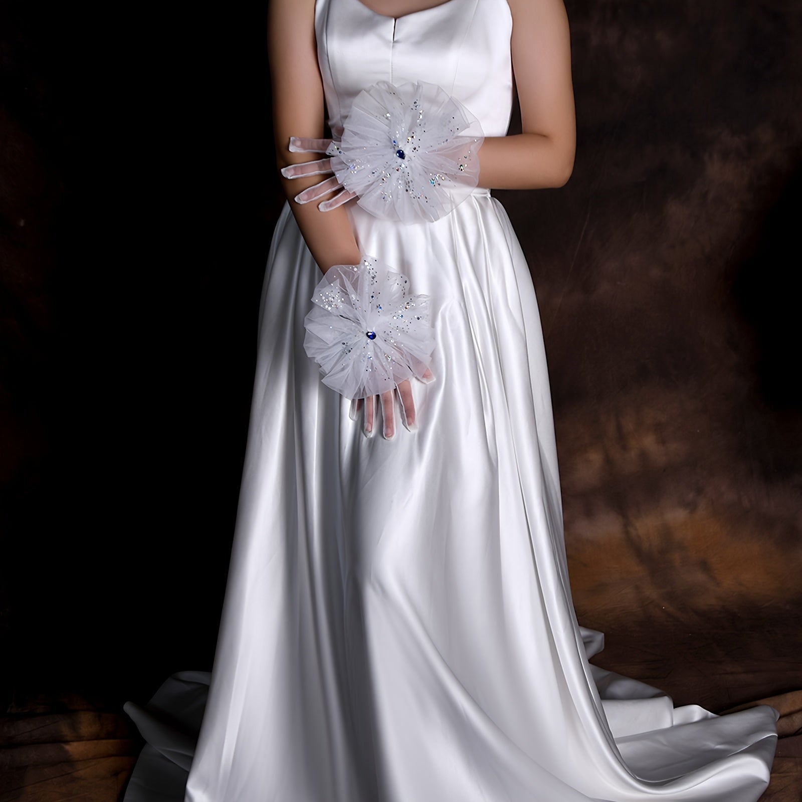 Short Fingerless Floral Bridal Gloves with Mesh Flower & Gemstones