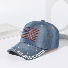 Denim Rhinestone Flag Baseball Cap Outdoor Adjustable Casual Style Man Women Hat