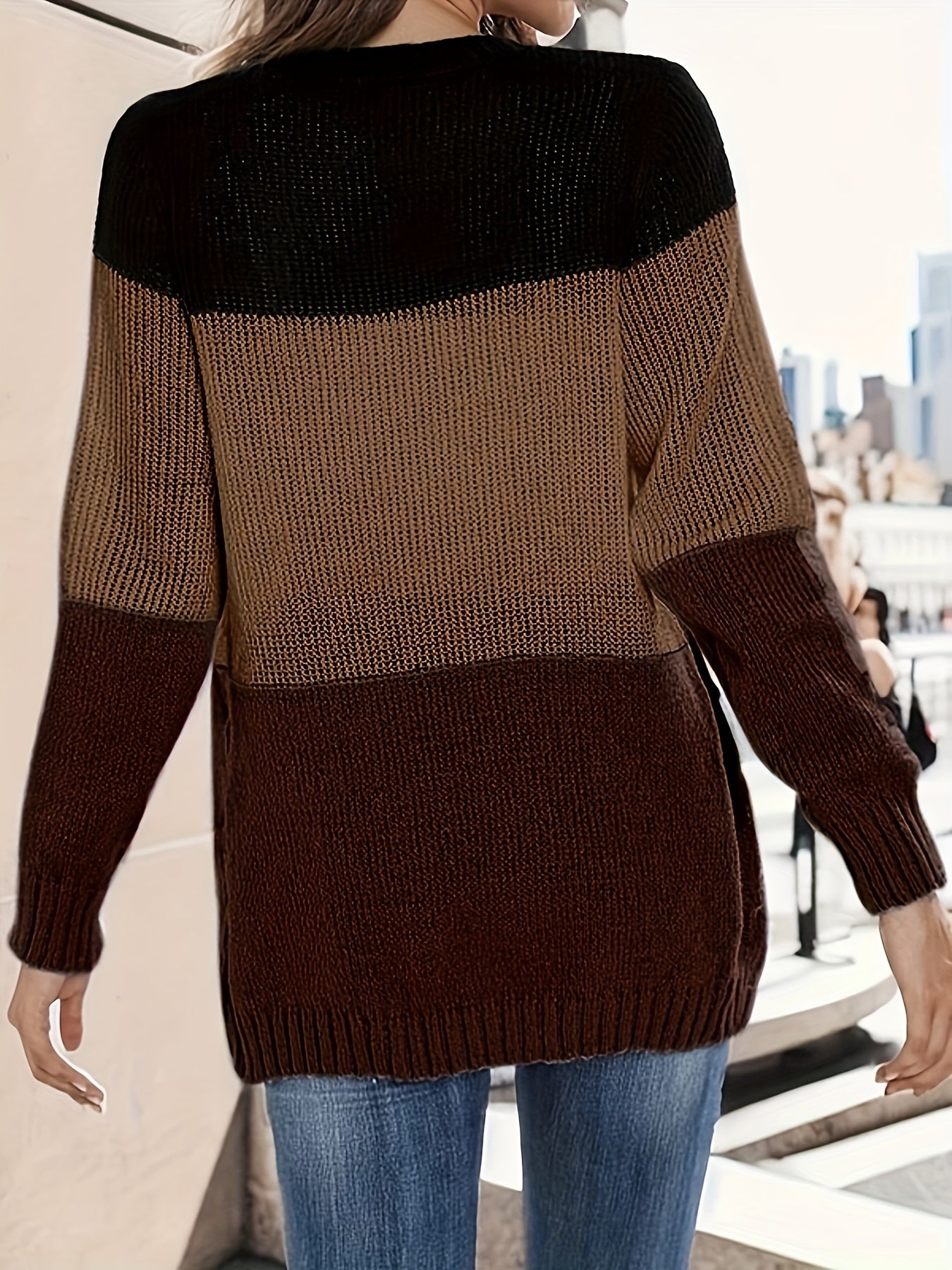 Block Knit Cardigan Button Front Casual Long Sleeve Sweater