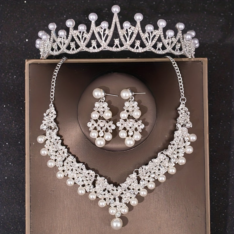 3PCS Faux Pearl Crown Earrings Necklace Set Head Jewelry