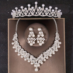 3PCS Faux Pearl Crown Earrings Necklace Set Head Jewelry