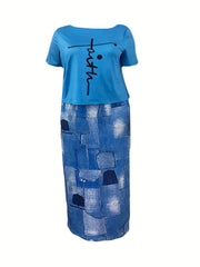Women's Plus Size Letter Print One Shoulder Top & Midi Skirt Two Piece Set