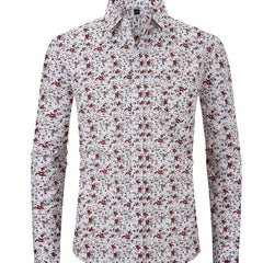Men's Flower Print Formal Button Up Shirt with Chest Pocket