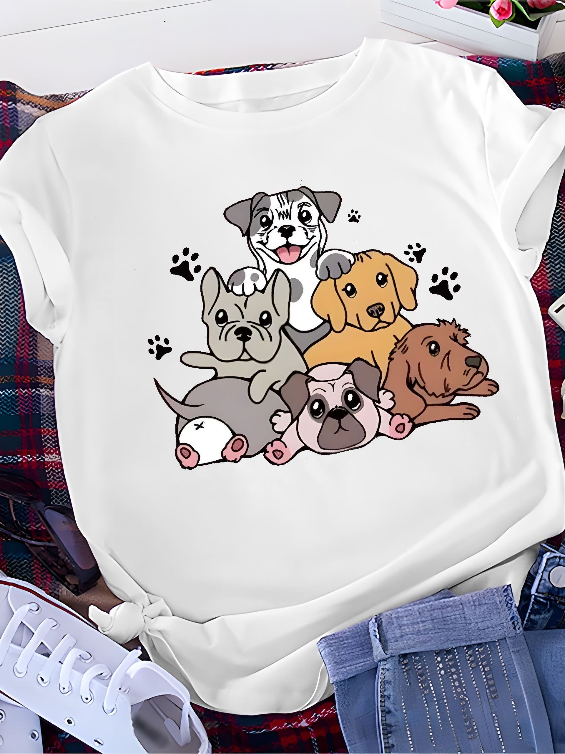 Dog Print Lounge Top Short Sleeve Crew Neck Women's Sleepwear