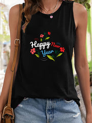 Floral & Letter Print Sleeveless Sports Vest Round Neck Stretchy Casual Tops