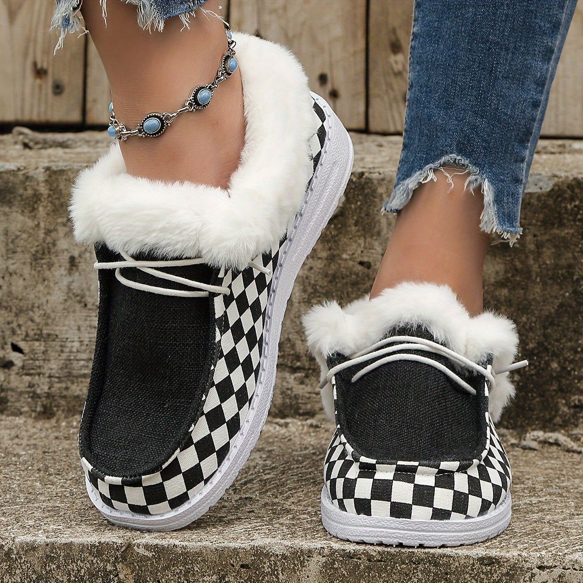 Plaid Pattern Thickened Warm Walking Shoes Lightweight Low Top Sport Flat Shoes